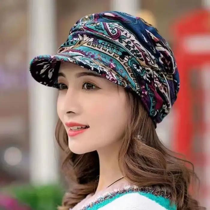Casquette à visière pour femmes, style ethnique imprimé floral, matériau acrylique ressemblant au cachemire, pour hiver et occasions décontractées
