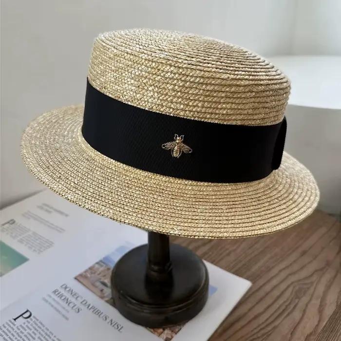 Chapeau de paille Bee, chapeau d'été à calotte plate