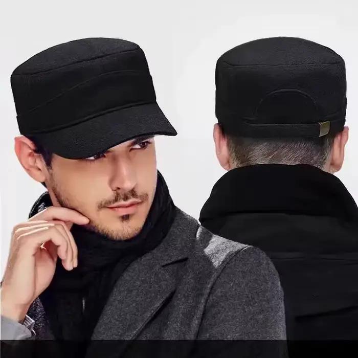 Grande taille dos entièrement fermé armée casquettes plates hommes femmes hiver laine militaire chapeau gros os