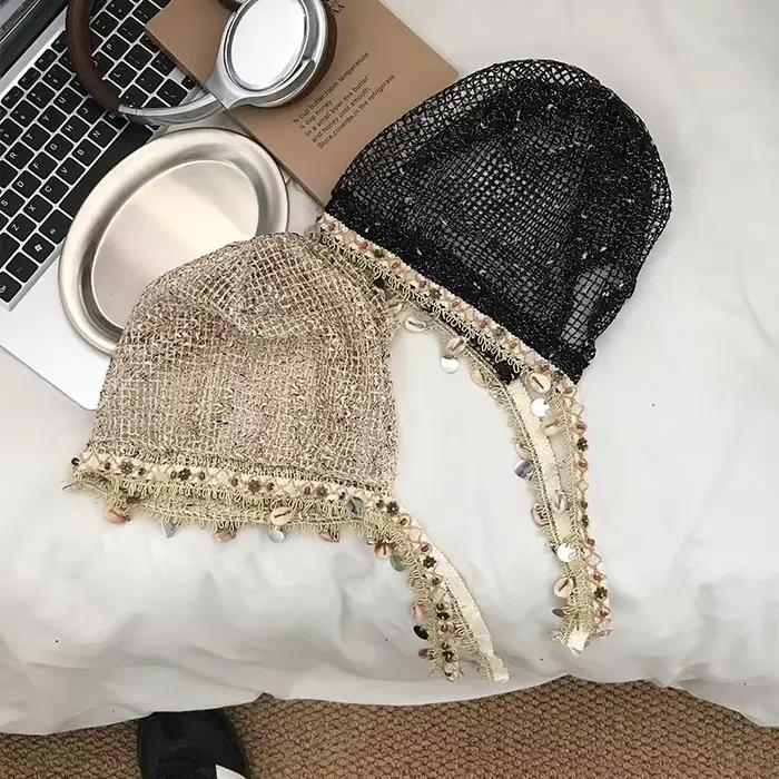 Bonnet élégant pour femme style bohème avec pompon coquillage – Idéal printemps-été pour les voyages et les photos