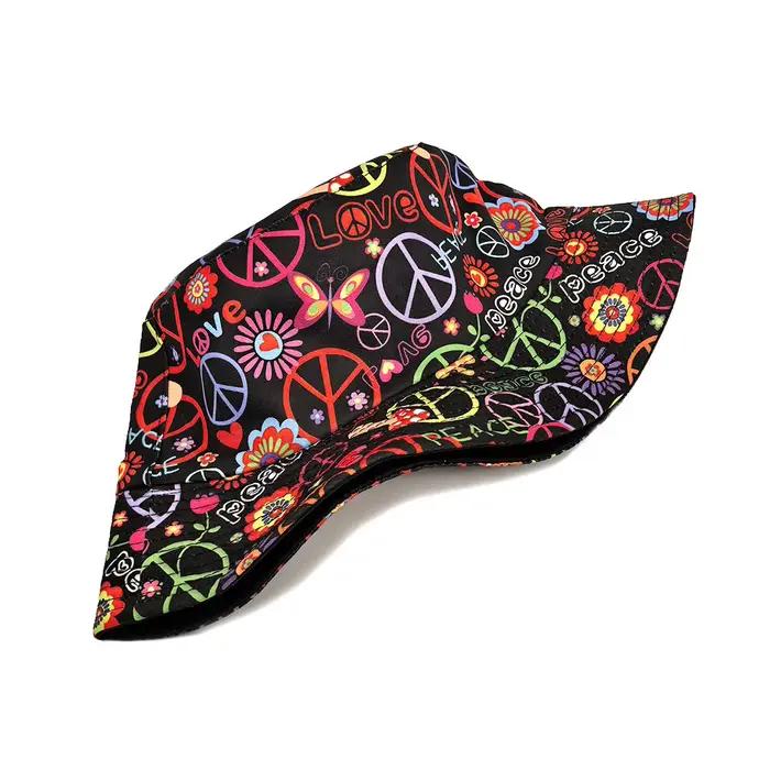 Chapeau Bob Hippie Imprimé Floral Amour et Paix Réversible Noir Intérieur Anti-UV Femme Homme Rétro Années 70 Casquette Plage Voyage Extérieur
