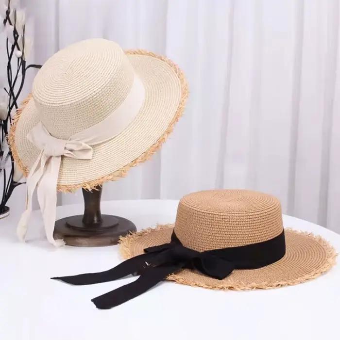 Nouveau chapeau de paille coréen à nœud pour femme