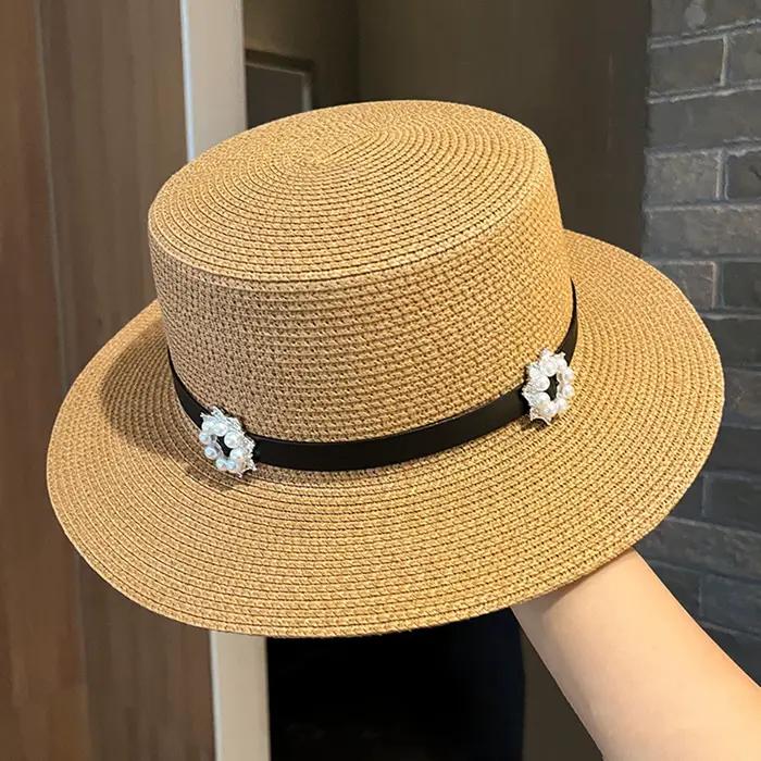 Chapeau de paille Puloru élégant pour femmes avec bande fleur de perle protection solaire plage décontracté multisaisons