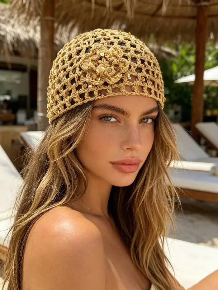 1 pièce : Bonnet en tricot ajouré à sequins style bohème