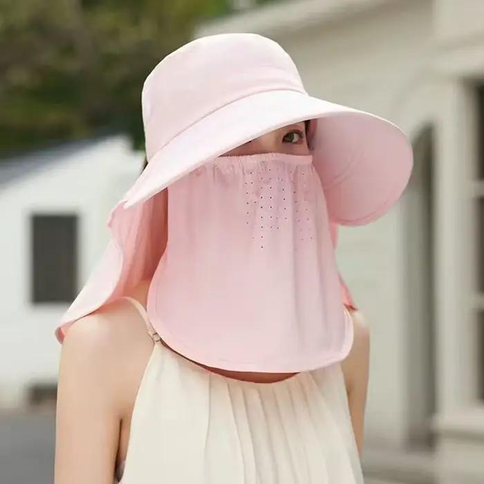❃ Chapeau de pêcheur à large bord pliable anti-UV avec masque facial intégré réglable
