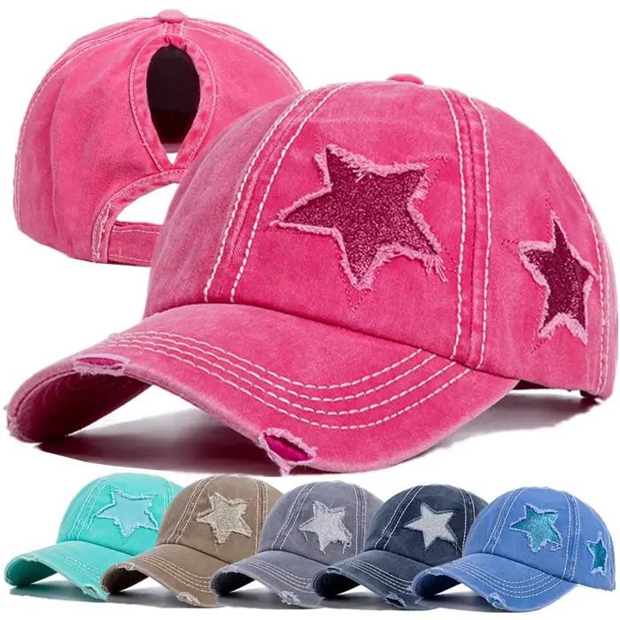 Casquette de baseball rétro Y2K en jean délavé avec étoiles et trous