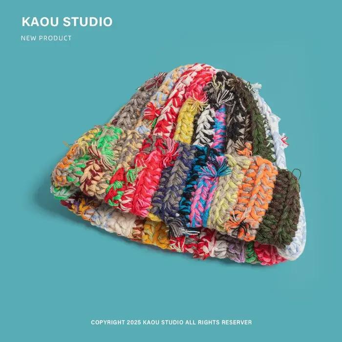 Nouveaux chapeaux de pull rayés colorés au Crochet faits à la main pour hommes et femmes hiver chaud polyvalent rétro bonnets tricotés à fil épais