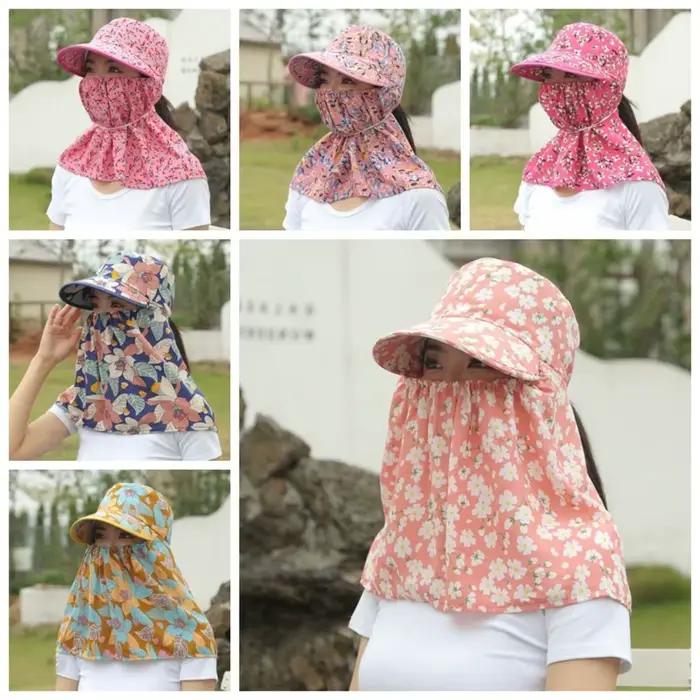 Chapeau de soleil floral pour femme avec masque de protection solaire intégré