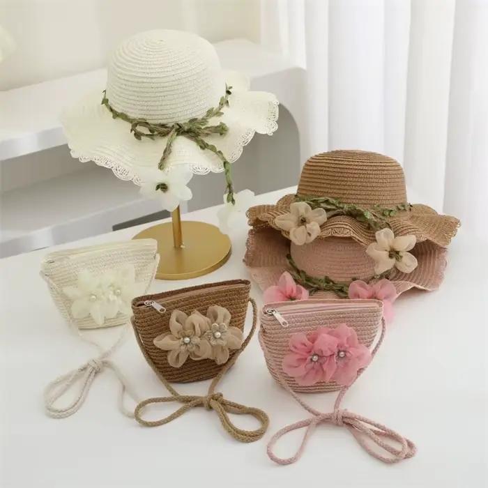 Chapeau de paille et sac à bandoulière pour filles dessin animé ours enfants chapeau de soleil sac ensemble printemps plage chapeaux pour garçon fille enfant bord casquette