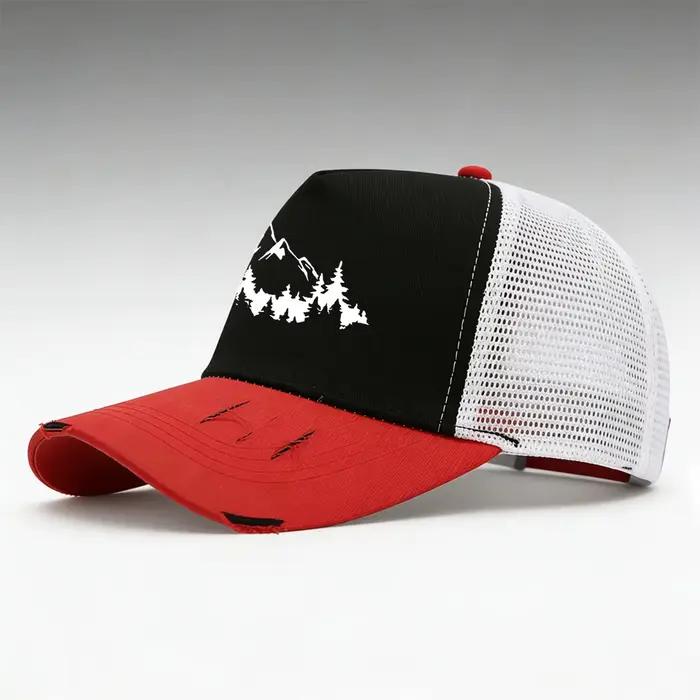 Casquette de camionneur en maille noire effet vieilli imprimé montagne pour homme et femme activités plein air style sport et urbain универсальное головное убор из нейлона с эффектом старения и принтом гор в стиле спорта и города для мужчин и женщин