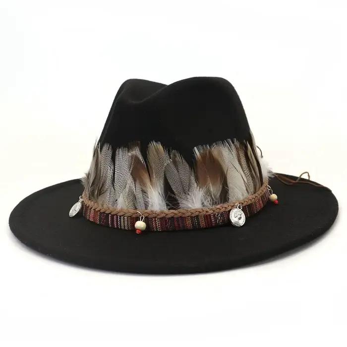 Chapeau Fedora à bande décorative de Style ethnique pour hommes et femmes, chapeau de Jazz à bord plat, casquette de chevalier en laine britannique