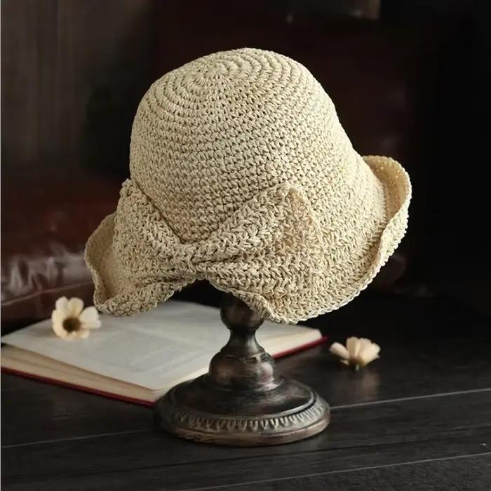 Chapeau de paille femme nœud papillon Crochet été bassin