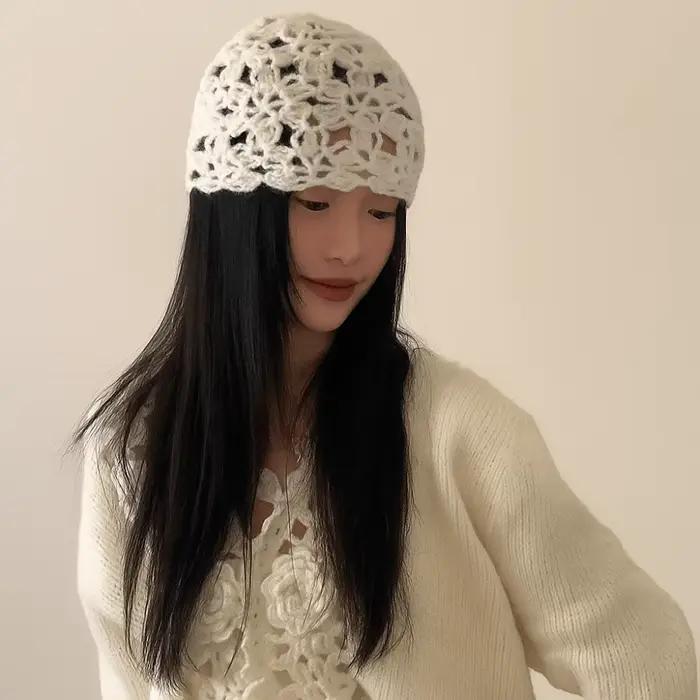 Chapeau décontracté en crochet tricoté à la main avec fleur pour femme style japonais multi-saisons voyage
