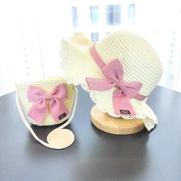 Ensemble de 2 pièces : Chapeau de paille à large bord pliable avec nœud décoratif et sac fourre-tout de grande capacité