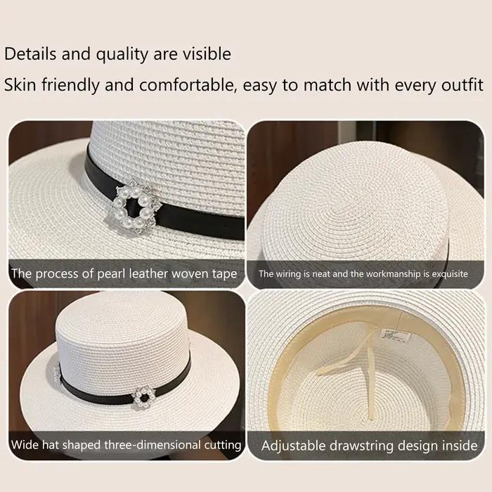 Chapeau de paille Puloru élégant pour femmes avec bande fleur de perle protection solaire plage décontracté multisaisons