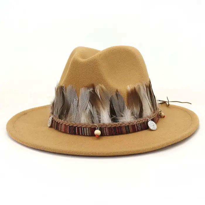 Chapeau Fedora à bande décorative de Style ethnique pour hommes et femmes, chapeau de Jazz à bord plat, casquette de chevalier en laine britannique