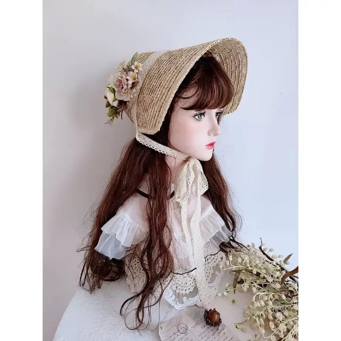 Chapeau de paille de style français avec lacets pour femmes