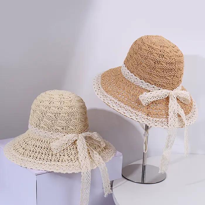 Chapeau seau en paille élégant avec nœud en dentelle pour femmes