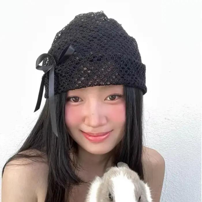 Niche littéraire noir dentelle tricoté chapeaux pour femmes été décontracté polyvalent mode nœud conception creux respirant bonnets casquette