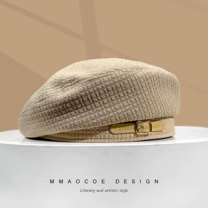 Béret pour femmes artiste peintre chapeau boucle de ceinture mélange de laine automne printemps sorties décontractées