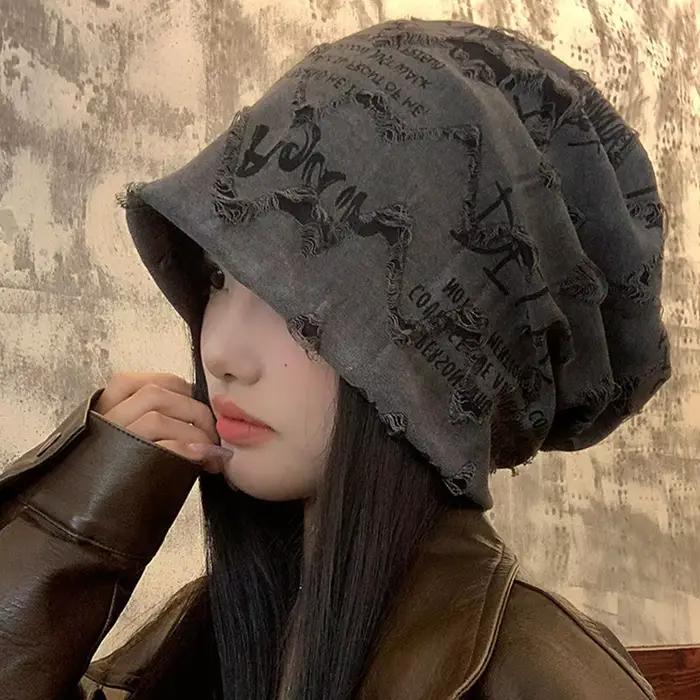 Mode pull à bord court empilable chapeau femmes personnalité grande tête mince Skullies bonnet Baggy