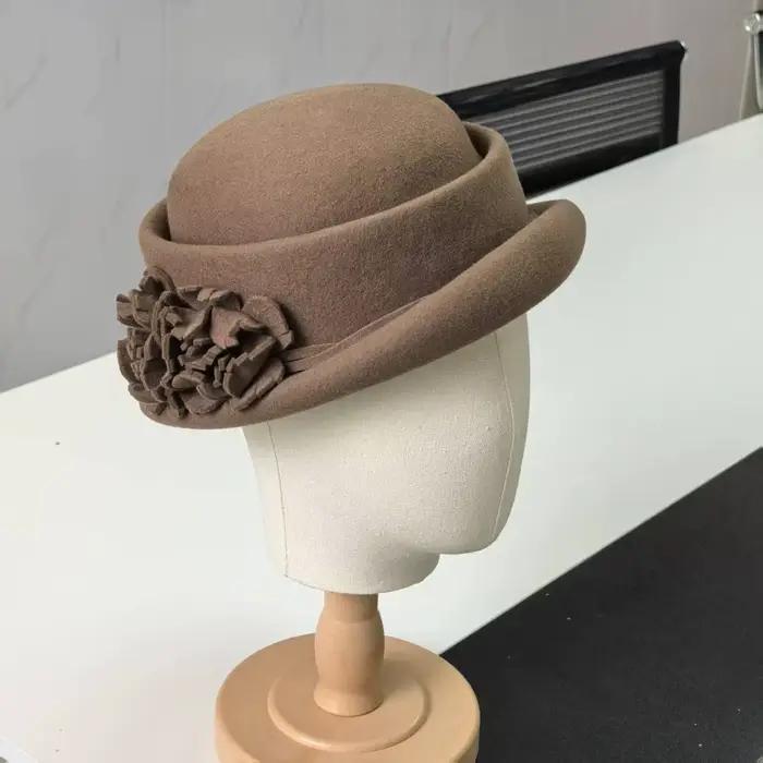 Casquette Fedora en feutre de laine fleur de camélia 3D pour femmes