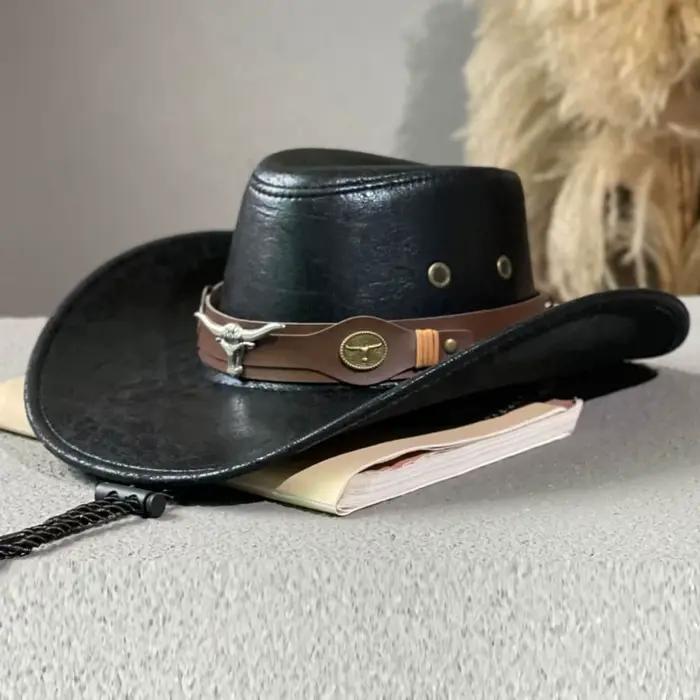 Chapeau de cowboy western en cuir PU avec cordon de serrage