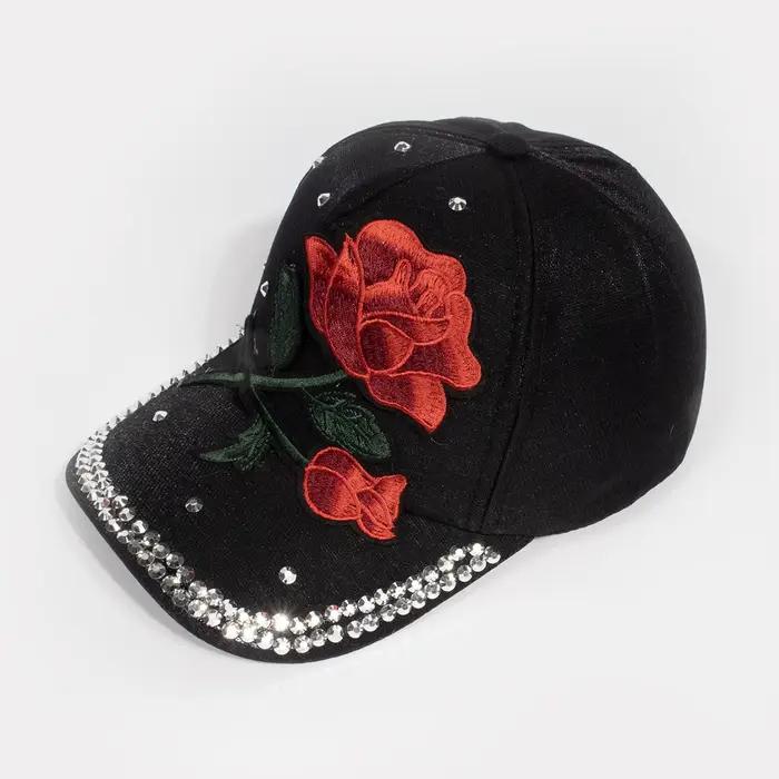 Casquette de baseball vintage pour femme avec grande décoration de rose