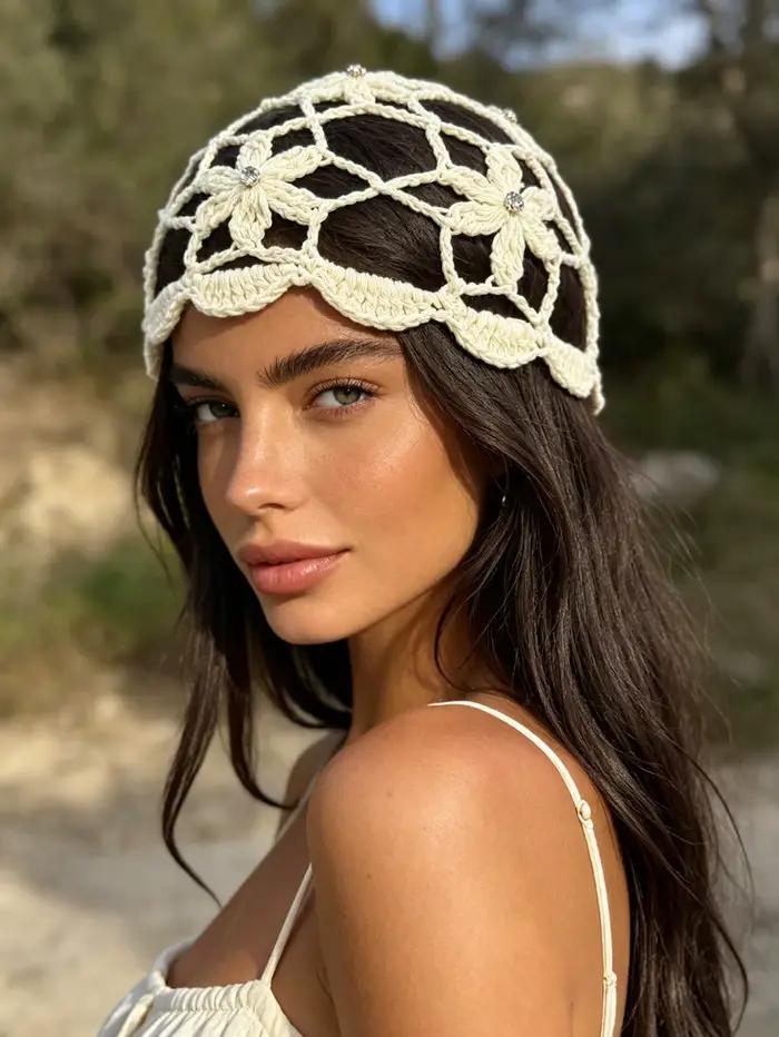 1pc Bonnet tricoté style bohème décontracté et polyvalent avec strass et motif floral ajouré