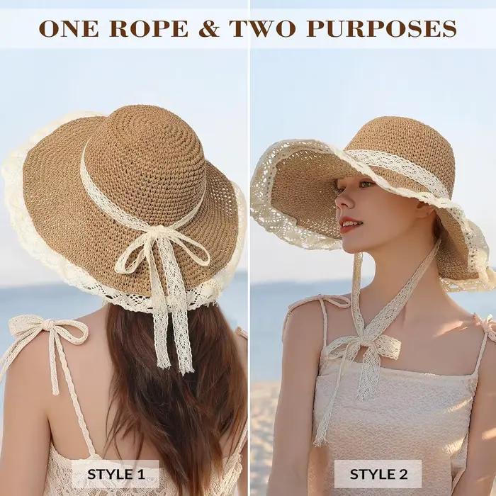 Chapeaux de plage pour femmes - Chapeau de soleil pliable en paille avec ruban en dentelle pour femme 2026