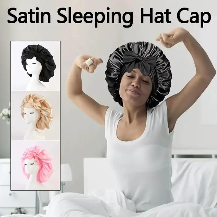 Bonnet de nuit en satin soyeux uni avec large bande extensible réglable et lien de fixation pour cheveux