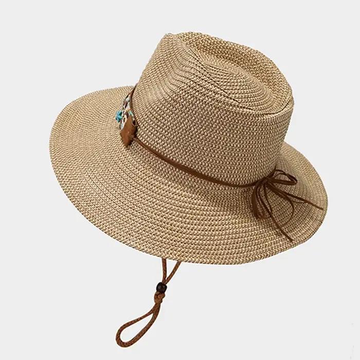 Bohemian Straw Sun Hat Women Summer Breathable Foldable Sun Protection Western Cowgirls Hat Ethnic Style Holiday Beach Caps