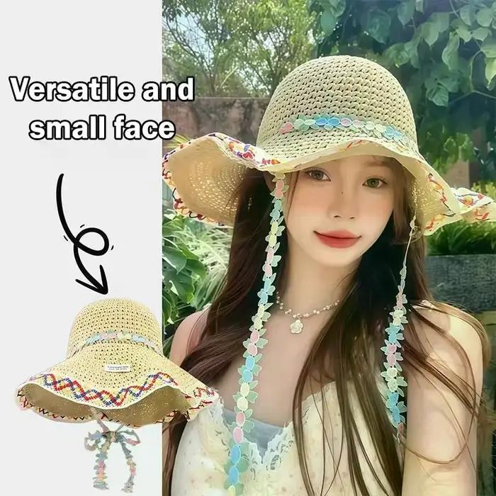 Chapeau de paille coréen à nœud floral pour femme protection solaire été extérieur petits visages