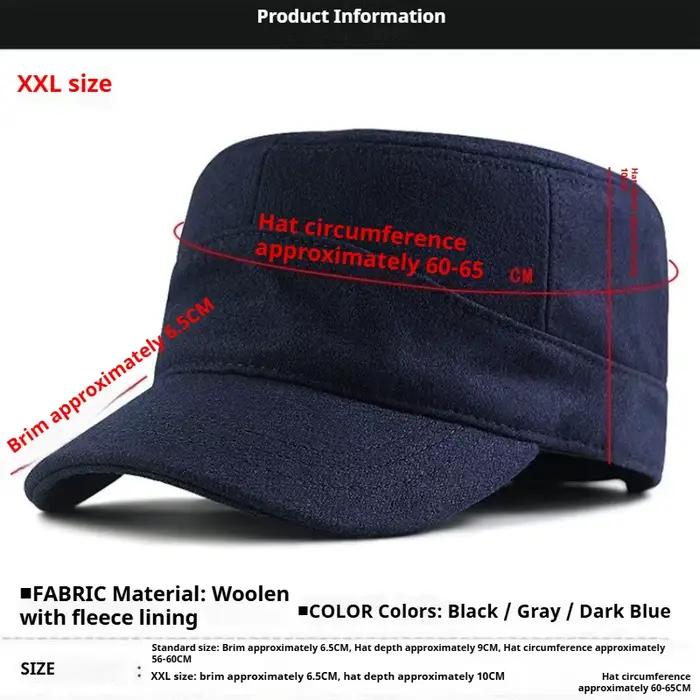 Grande taille dos entièrement fermé armée casquettes plates hommes femmes hiver laine militaire chapeau gros os