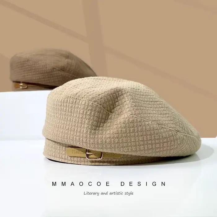 Béret pour femmes artiste peintre chapeau boucle de ceinture mélange de laine automne printemps sorties décontractées