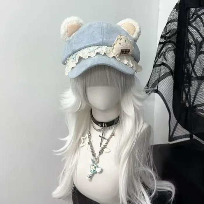 Casquette de baseball en peluche avec oreilles d'ours et dentelle