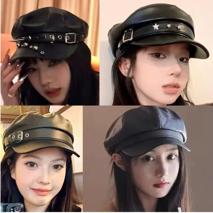 Harajuku Vintage Rivet béret Y2K fille gothique Lolita cuir noir visage foncé révélant plat haut gavroche casquettes