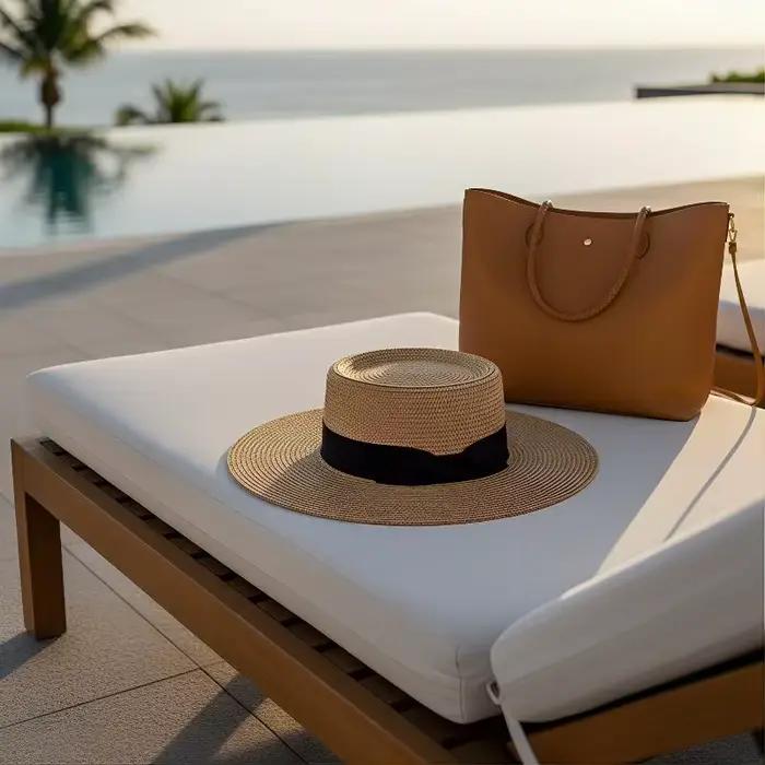Chapeau de paille à bord plat de style français tendance pour femme