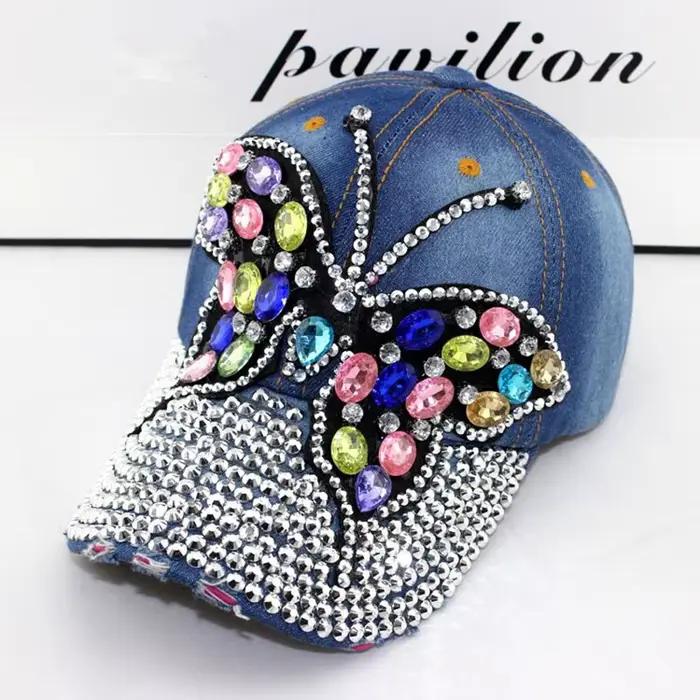 Casquette de Baseball d'automne femmes plein cristal coloré grand papillon chapeau Denim Bling strass casquettes