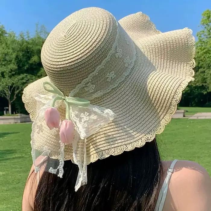 Chapeau de soleil en paille à large bord pour femme avec nœud en dentelle tulipe