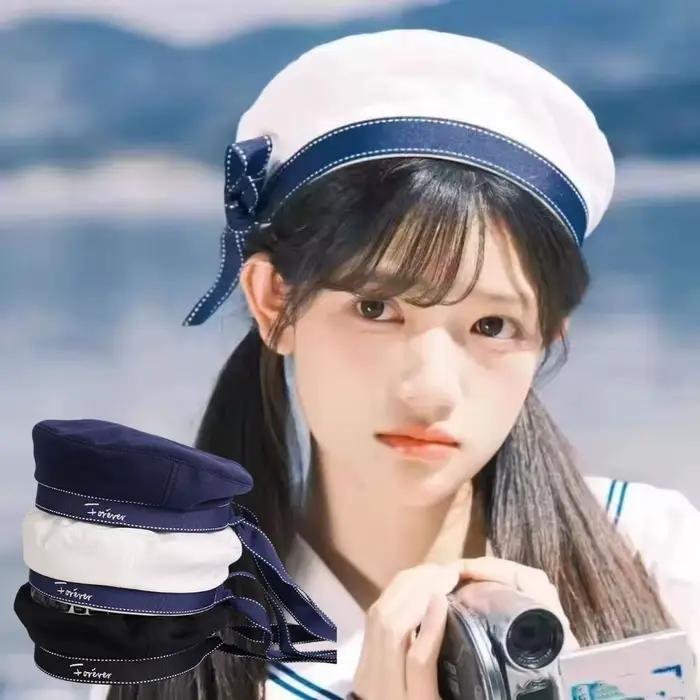 Béret blanc pour femme style marin tendance brodé lettres nœud JK style coréen casquette de peintre uniforme occassions spéciales décoration tête été printemps