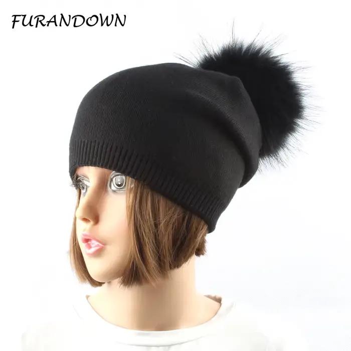 Femmes hiver laine tricoté chapeaux pompon bonnet fourrure de renard pompons chapeau couleur unie mode marque de luxe