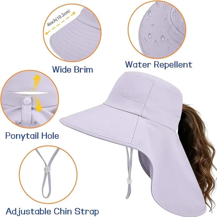 Chapeau de protection solaire pour femme UPF 50+ (large bord avec trou pour queue de cheval)