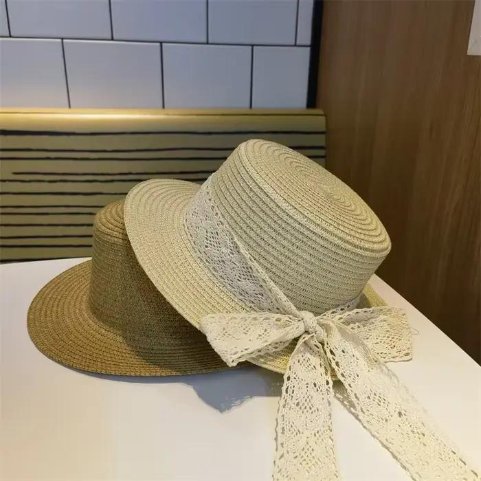 Chapeau de plage en paille solide avec nœud papillon et dentelle pour femmes et petites filles été ocassions spéciales plage
