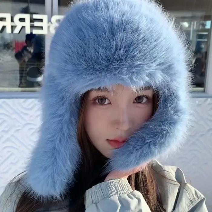 Chapeau de fourrure moelleuse femmes blanc noir bleu