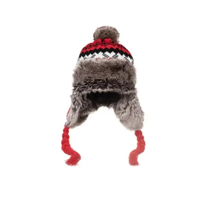 Chapeau d'hiver tricoté coupe-vent chaud style bombardier avec pompon en fourrure et cache-oreilles pour hommes