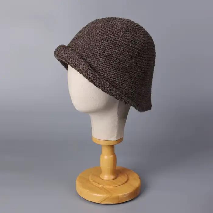 Chapeau seau tricoté en laine à bord roulé de Style japonais pour femmes