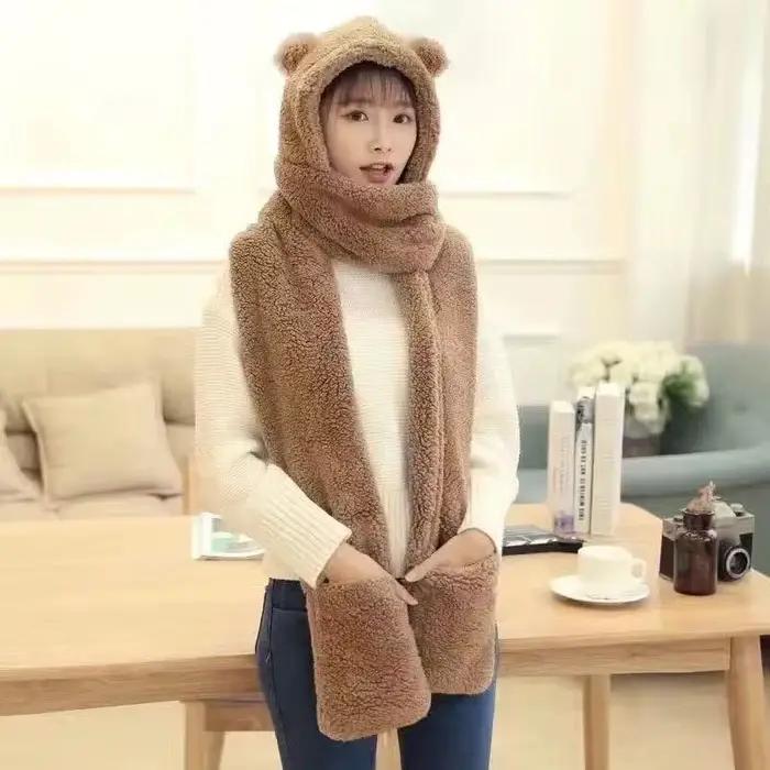 Hiver ours oreille Sherpa capuche chapeau écharpe gants 3 en 1