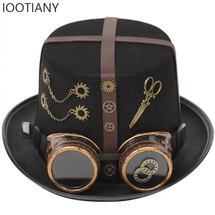 Chapeau haut-de-forme gothique Steampunk noir rétro avec équipement