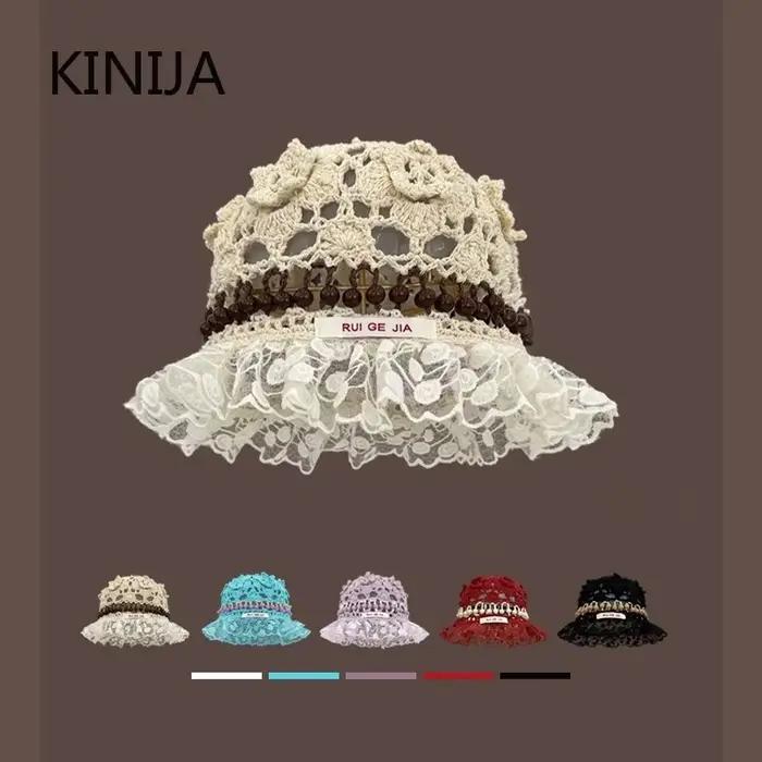 Corée rétro tricoté évider fleur perle chapeau à la main Crochet seau
